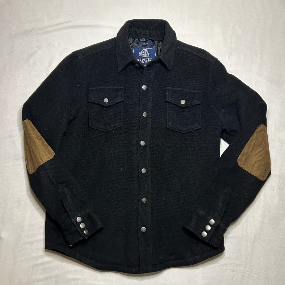 American‎ Rag Shirt Jacket Mens S Black Lined Quilted Snap Shacket Elbow Patches